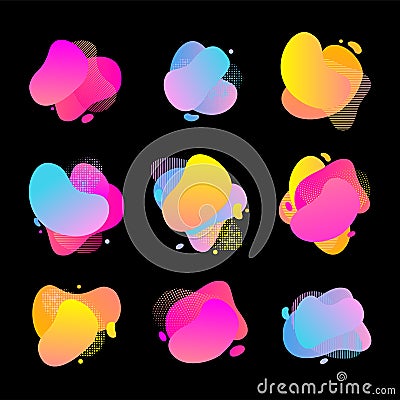 Liquid color shapes halftone pattern background. Vector abstract neon watercolor fluid gradient splashes set Vector Illustration