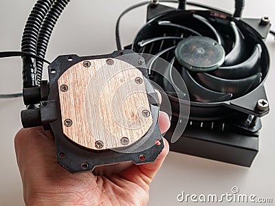 Liquid cooling system of computer components, processor, video card, heat dissipation, high-performance processor Stock Photo