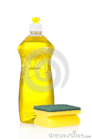 Liquid detergent bottle and scouring pad Stock Photo