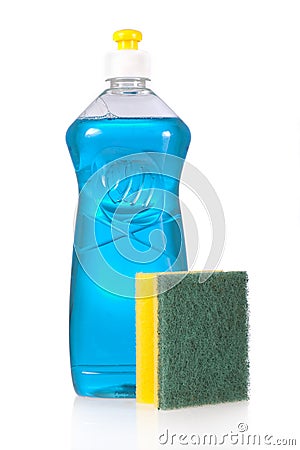 Liquid detergent bottle and scouring pad for dish Stock Photo