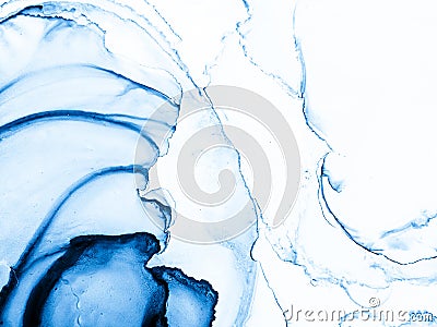 Liquid Fluids Art. Indigo Abstract Modern Art. Indigo Alcohol Ink Pigment. Colorful Sea Wave Imitation Style. Realistic Texture. Stock Photo