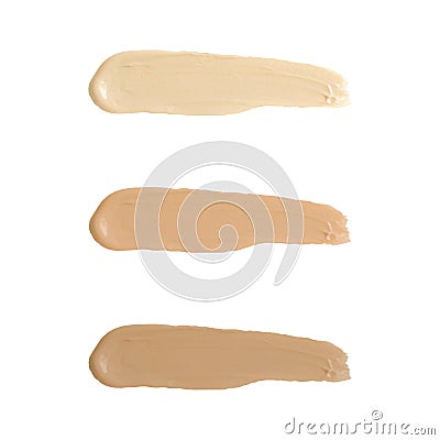 Liquid foundation tone smudge. Set concealer smear cosmetic cream isolated on white background, brown stroke texture. Makeup Vecto Stock Photo