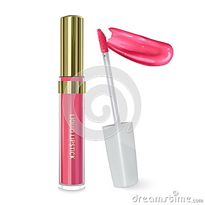 Liquid lipstick, Lip gloss in elegant bottle, closed container with brush and smear of lipstick on white background, can be used Vector Illustration