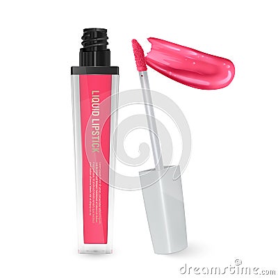 Liquid lipstick, Lip gloss in elegant bottle, open container with brush and smear of pink lipstick on white background, can be Vector Illustration