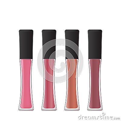 Liquid lipstick. Lip gloss in glass bottle. Container with brush. Cosmetics template design. 3d realistic packaging Vector Illustration