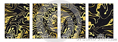 Liquid marble texture in gold. Vertical banners set with abstract background. Golden dynamic fluid art splash. Vector Vector Illustration