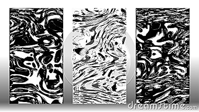 Liquid mercury background. Black and white vector set. Shiny metallic texture, contrast vertical covers with glossy chrome surface Vector Illustration