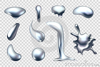 Liquid metal. Chrome shapes. Silver balls. 3D drop and splash. Abstract pearl spheres. Orb gradients. Quicksilver melt Vector Illustration