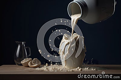 Liquid milk pouring splash into a container on dark background. Cartoon Illustration
