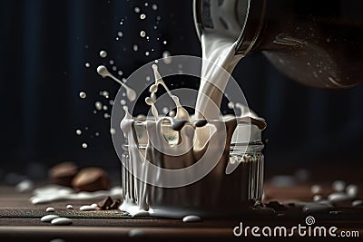 Liquid milk pouring splash into a container on dark background. Cartoon Illustration