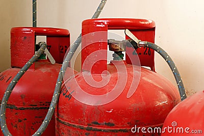 liquid petroleum gas (LPG) cylinders stored in a chamber Stock Photo