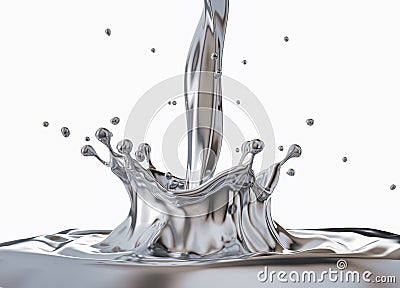 Liquid silver metal pouring with Crown splash and ripples Stock Photo