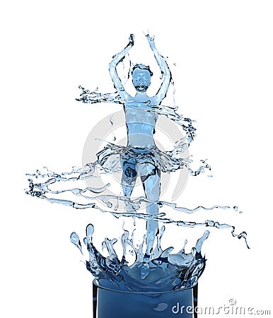 Liquid splash of blue fresh water in woman or girl dancing ballerina form, isolated on white background. Cartoon Illustration