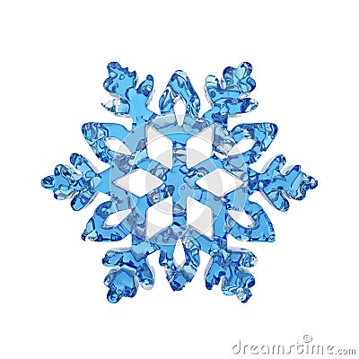 Liquid translucent snowflake made of crystal blue water isolated on white background. 3d render. Stock Photo