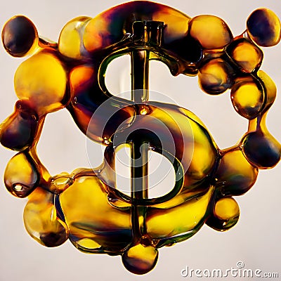 liquid and viscous dollar money sign like motor oil drops and stream close-up. Stock Photo