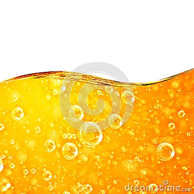 Liquid yellow wave line. Gold bubbles of air. g Stock Photo