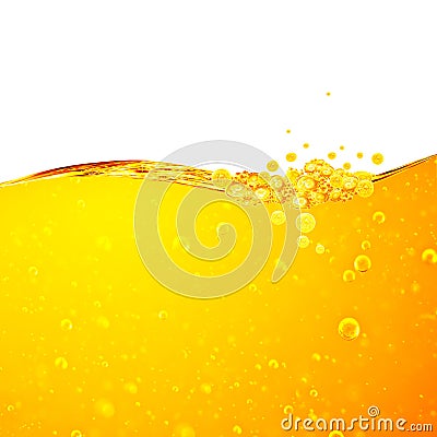 Liquid yellow wave line. Gold bubbles of air. Stock Photo