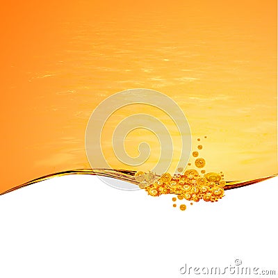 Liquid yellow wave line. Gold bubbles of air. Stock Photo