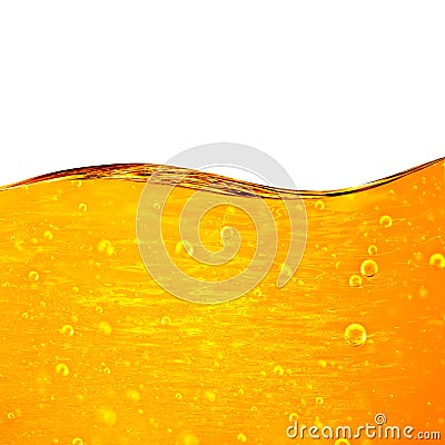 Liquid yellow wave line. Gold bubbles of air. Stock Photo