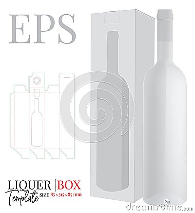 Liquor box template, vector with die cut / laser cut layers. White, clear, blank, isolated Bottle Gift Box window mock up Vector Illustration