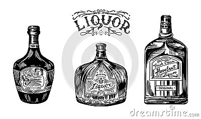 Liquor in a glass bottle. Alcoholic beverage or strong drink. Dessert wine and Retro label. Engraved hand drawn vintage Vector Illustration