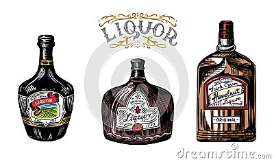 Liquor in a glass bottle. Alcoholic beverage or strong drink. Dessert wine and Retro label. Engraved hand drawn vintage Vector Illustration