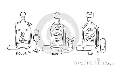 Liquor, tequila, rum. Bottle and glass in hand drawn style. Restaurant illustration for celebration design. Retro sketch. Line art Vector Illustration