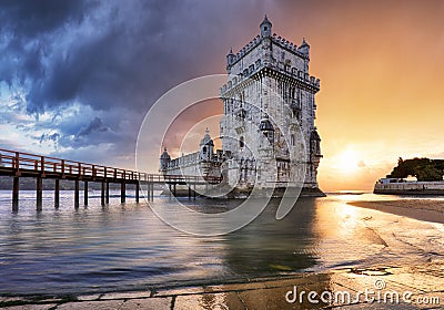 Lisbon, Belem tower at sunset, Lisboa - Portugal Stock Photo