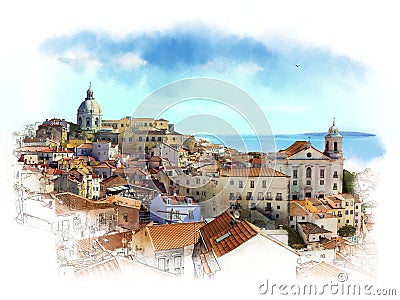 Panorama Of Lisbon, Portugal. Watercolor sketch Stock Photo