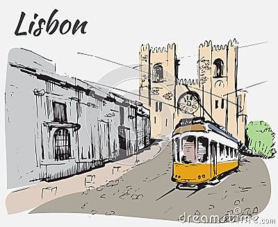 Lisbon Cathedral and tram. Vector Illustration