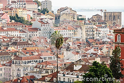Lisbon city skyline with the Cathedral and the Alfama quarter Editorial Stock Photo