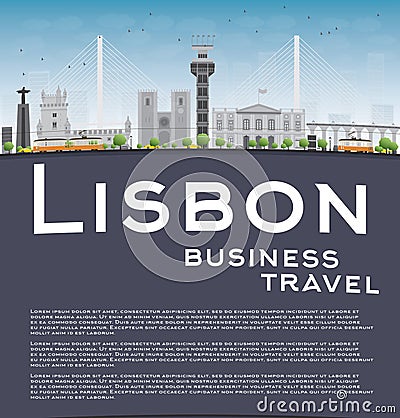 Lisbon city skyline with grey buildings, blue sky and copy space Cartoon Illustration