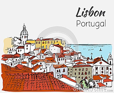 Lisbon cityscape - hand drawn sketch. Vector Illustration