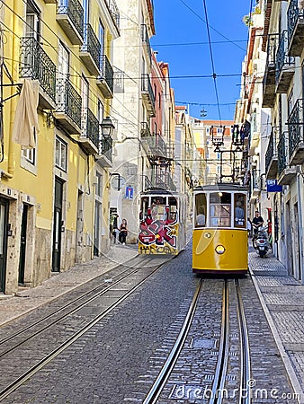Lisbon elevator funicular tram, city view Editorial Stock Photo