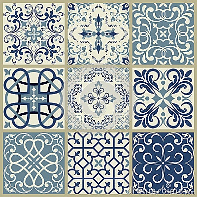 Lisbon geometric Azulejo tile vector pattern, Portuguese or Spanish retro old tiles mosaic, Mediterranean seamless navy blue desig Vector Illustration