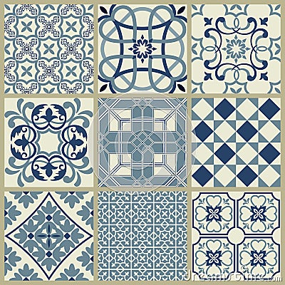 Lisbon geometric Azulejo tile vector pattern, Portuguese or Spanish retro old tiles mosaic, Mediterranean seamless navy blue desig Vector Illustration