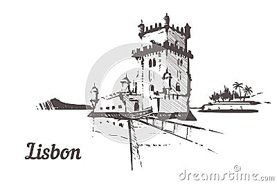 Lisbon hand drawn .Torre de Belem tower in Lisbon sketch style vector illustration Cartoon Illustration