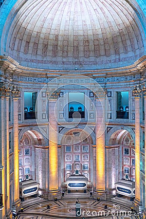 Lisbon National Pantheon. Image of the dome, arched ceiling and tombs. colored lighting Stock Photo