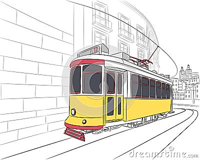 Lisbon. Old yellow tram on the background of the city. Vector Illustration