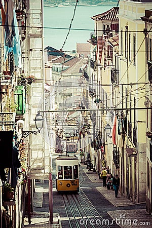 Lisbon,Portugal-April 12,2015:The Bica Funicular (Elevador da Bi Editorial Stock Photo