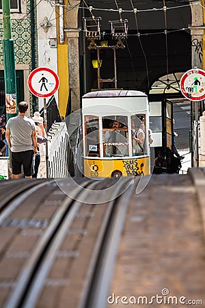 Lisbon,Portugal-April 12,2015:The Bica Funicular (Elevador da Bi Editorial Stock Photo