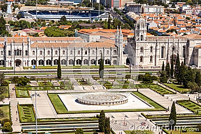 Aerial sunny view of Praca do Imperio in Lisbon, with Museu de Marinha in the back Editorial Stock Photo