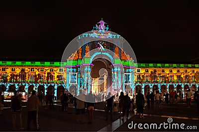 Lisbon, Portugal-20 august 2018: amazing light show on Rua Augusta Arch on Commerce square Praca do Comercio Editorial Stock Photo