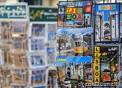 Lisbon, Portugal - 22 august 2018: colorful postcards on souvenir shops on the street of Lisbon Editorial Stock Photo