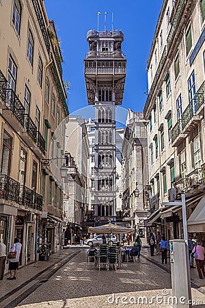 Lisbon, Portugal. Elevador de Santa Justa Lift seen from Santa Justa Street Editorial Stock Photo