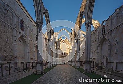 Ruins of the main nave of Carmo Church at Carmo Convent Convento do Carmo - Lisbon, Portugal Editorial Stock Photo