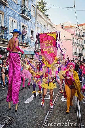 Carnival parade in streets of Lisbon by artistic collective Clandestine Colombina Editorial Stock Photo