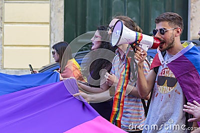 Activists in LGBT pride parade in Lisbon Editorial Stock Photo