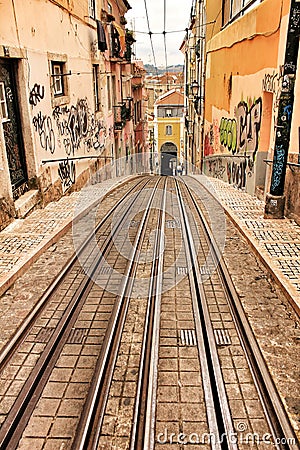 Bica street and elevator rails in Lisbon Editorial Stock Photo