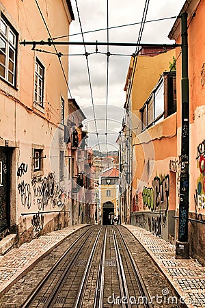 Bica street and elevator rails in Lisbon Editorial Stock Photo